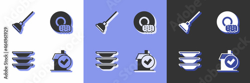 Set Home cleaning service, Rubber plunger, Washing dishes and icon. Vector