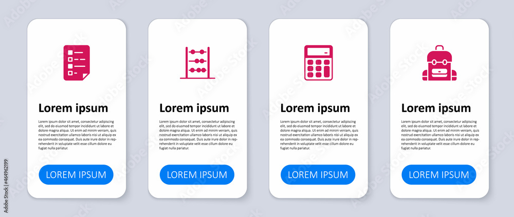 Set School backpack, Calculator, Abacus and Clipboard with checklist. Business infographic template. Vector