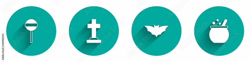 Fototapeta premium Set Lollipop, Tombstone with cross, Flying bat and Halloween witch cauldron icon with long shadow. Vector