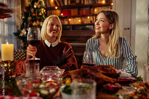 Female friends celebrating Christmas with red wine