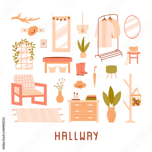Collection of furniture on white background. Modern interior items for a hallway: hanger, mirror, armchair, carpet, chest, lamp, houseplant. Vector flat illustration