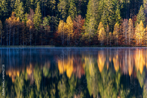 Idyllic autumn landscape with colorful green and yellow trees reflecting in the lake. Transylvania, Saint Anne Lake. © krstrbrt