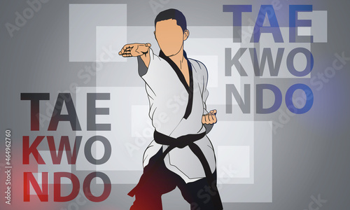 A young fighter, mesmerizing pose, is engaged in the martial arts of taekwondo. Kimono, black belt. Abstract background.
