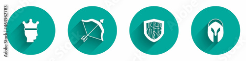 Set King crown, Medieval bow and arrow, Shield and helmet icon with long shadow. Vector