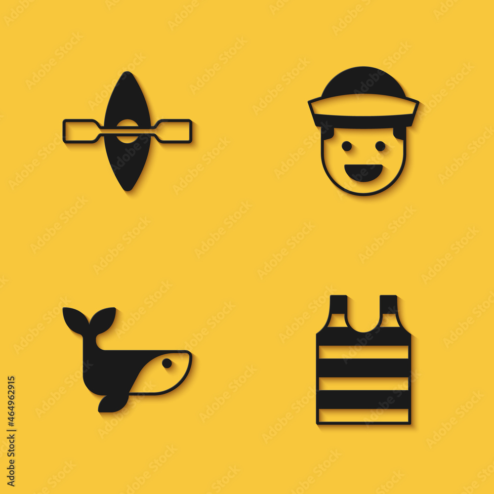 Set Kayak and paddle, Striped sailor t-shirt, Whale and Sailor icon with long shadow. Vector