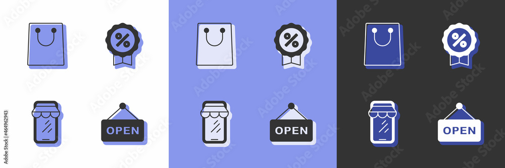 Set Hanging sign with text Open, Paper shopping bag, Online on phone and Discount percent tag icon. Vector