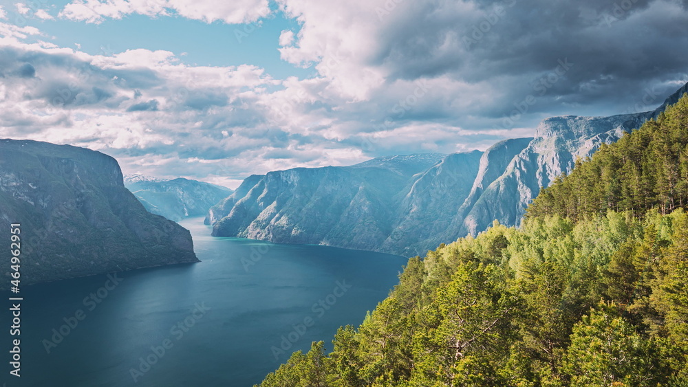 Sogn And Fjordane Fjord, Norway. Amazing Fjord Sogn Og Fjordane. Summer Scenic View Of Famous Natural Attraction Landmark And Popular Destination In Summer