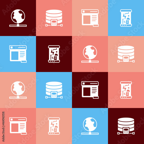 Set pop art Global technology, Cloud database, Browser window and Cryogenic capsules icon. Vector
