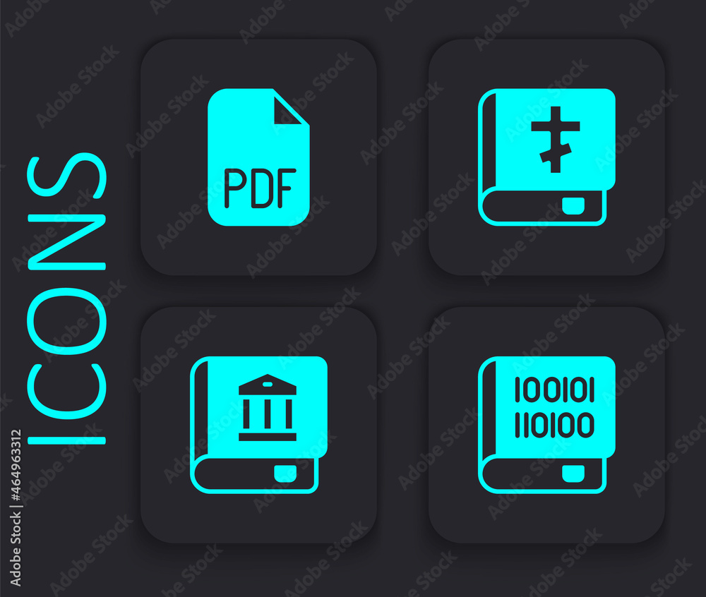Set Books about programming, PDF file document, Holy bible book and Law icon. Black square button. Vector
