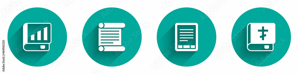 Set Financial book, Decree, parchment, scroll, E-Book reader and Holy bible icon with long shadow. Vector Set Financial book, Decree, parchment, scroll, E-Book reader and Holy bible icon with long shadow. Vector