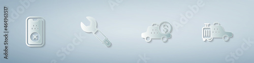 Set Taxi mobile app, Wrench spanner, Taximeter device and car. Paper art style. Vector