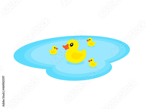Duck and ducklings swimming in pond. Cartoon vector illustration. Duck mother and family.