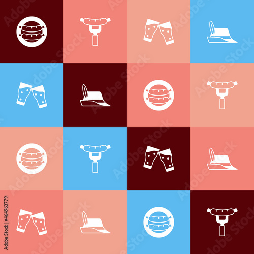 Set pop art Sausage, on the fork, Glass of beer and Oktoberfest hat icon. Vector