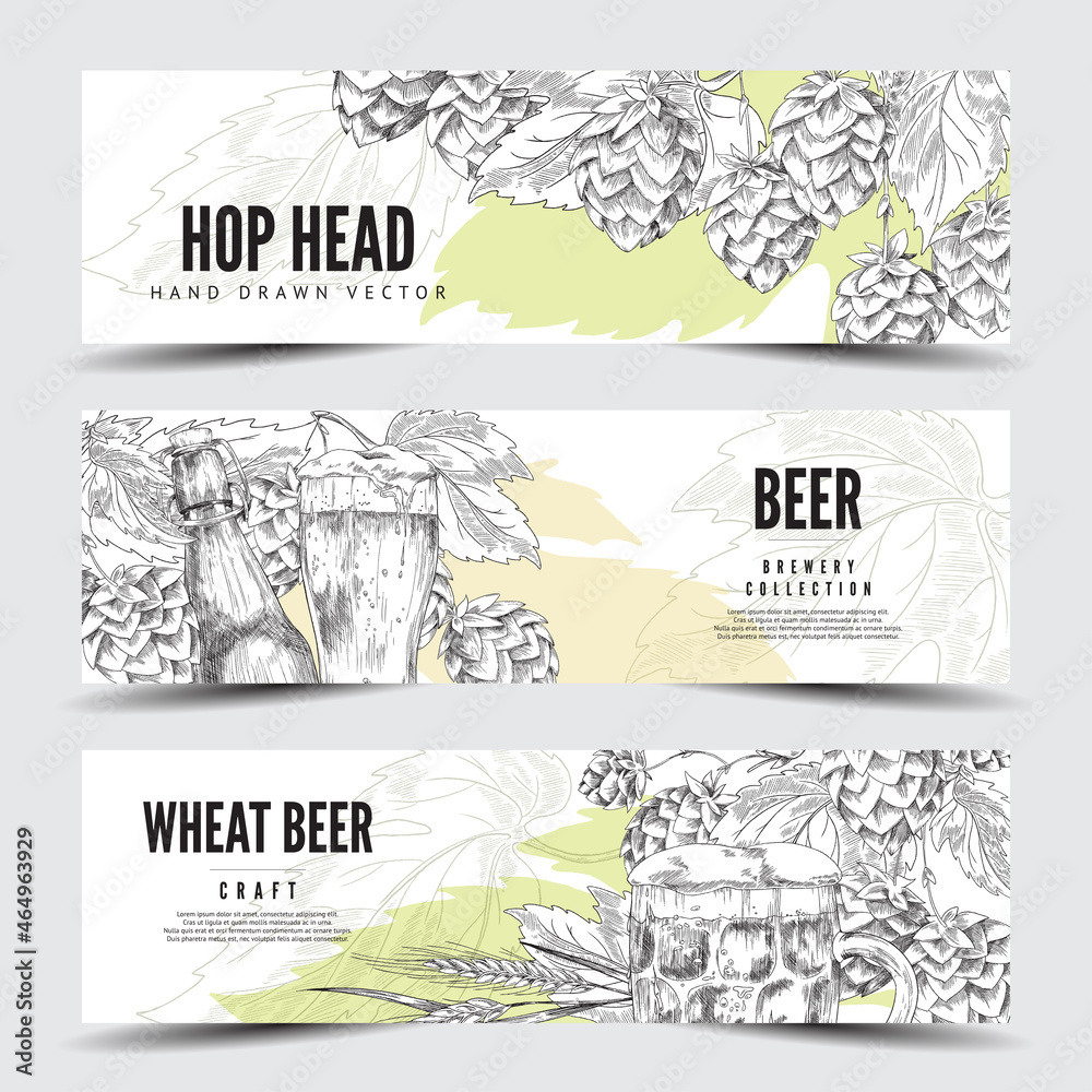 Set of horizontal banners or labels with hop, beer bottle and glass - vector illustration in sketch style.