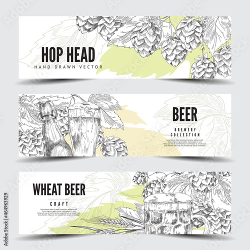 Set of horizontal banners or labels with hop, beer bottle and glass - vector illustration in sketch style.