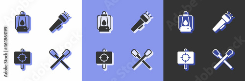 Set Burning match with fire, Camping lantern, Target sport and Flashlight icon. Vector