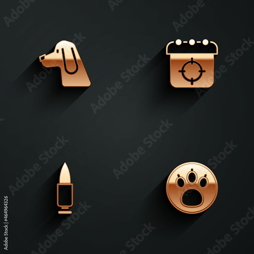 Set Hunting dog, Target sport, Bullet and Paw search icon with long shadow. Vector