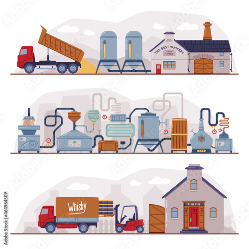 Whiskey Production Process with Distillation, Storage and Aging Steps Vector Set