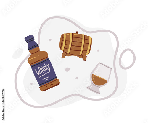 Whiskey Drink in Glass Bottle and Wooden Barrel Vector Composition