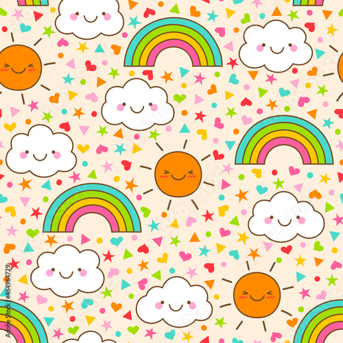 Cute cartoon cloud, sun and rainbow with colorful tiny elements background.