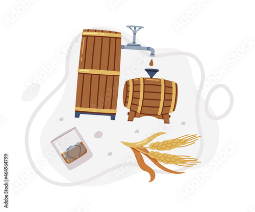 Whiskey Drink in Wooden Barrel for Storage and Barley Spikelet Vector Composition