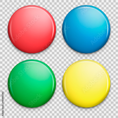 Set of colorful glossy badge or button. Realistic round plastic pin, emblem, label. Vector illustration.