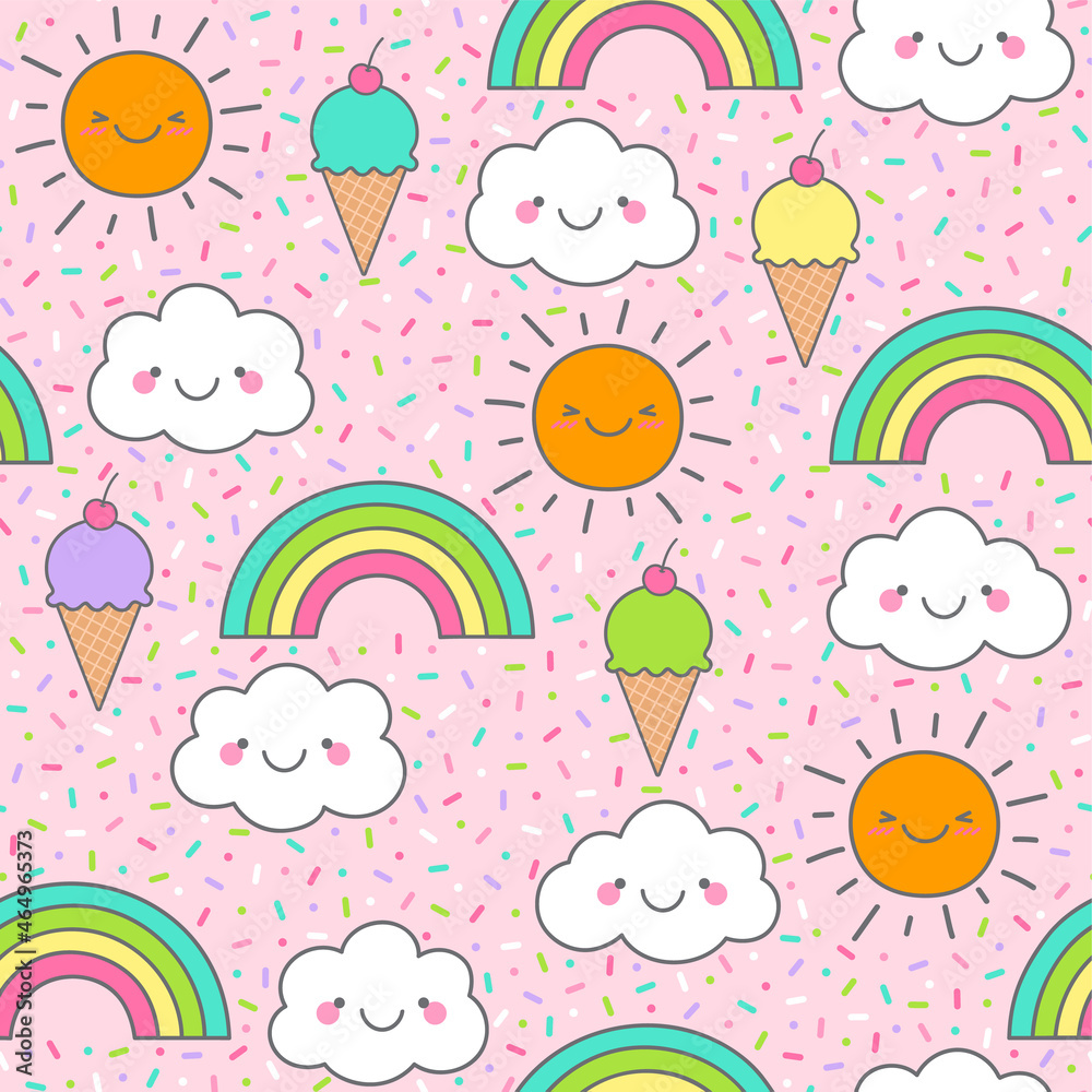 Cute cloud, sun, rainbow and ice cream seamless pattern with colorful sprinkles background. Cute cloud, sun, rainbow and ice cream seamless pattern with colorful sprinkles background.