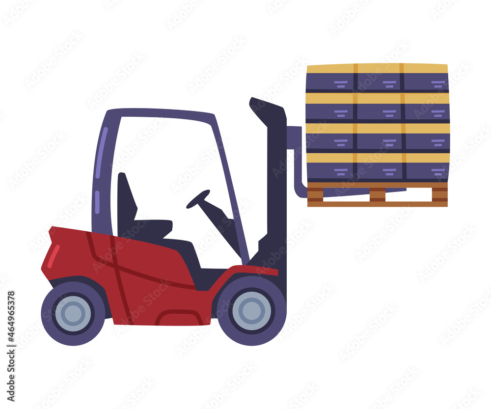 Fork-lift Truck Carrying Whiskey Bottles in Package on Pallet Vector Illustration