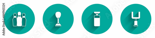Set Bowling pin, Punching bag, and American football goal post icon with long shadow. Vector
