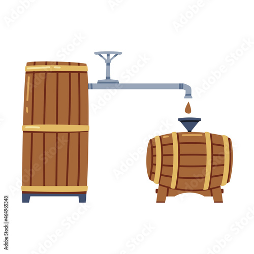 Whiskey Drink Process with Pouring in Wooden Barrel or Cask for Storage and Maturation Vector Illustration
