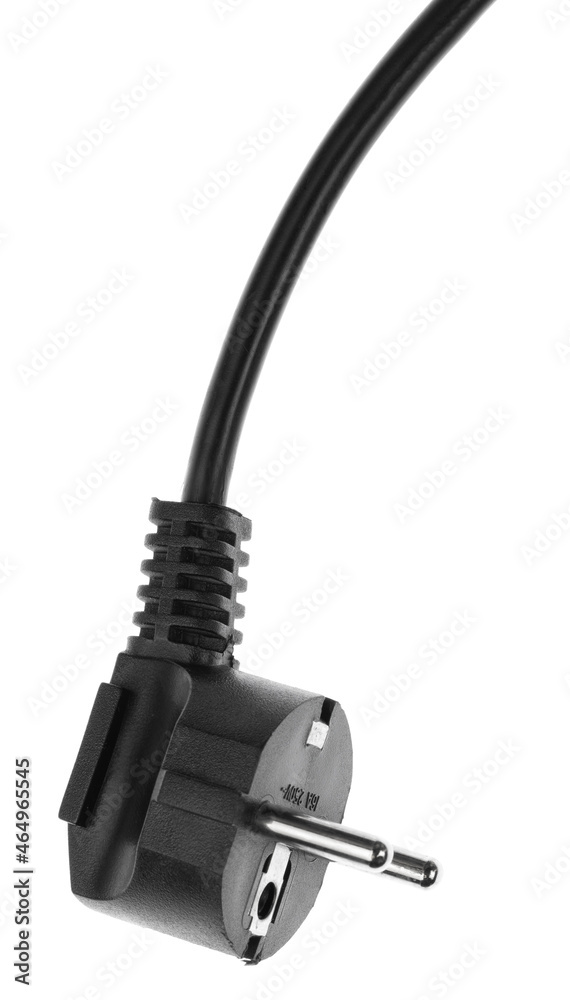 Electric European plug isolated on white background. Black power cable with plug. Power cord close-up Electric European plug isolated on white background. Black power cable with plug. Power cord close-up
