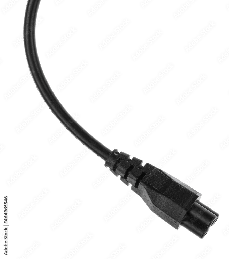 Electric European plug isolated on white background. Black power cable with plug. Power cord close-up Electric European plug isolated on white background. Black power cable with plug. Power cord close-up