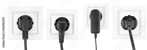Collage power European electric plug isolated on a white. electric cord plugged into a white electricity socket on white background