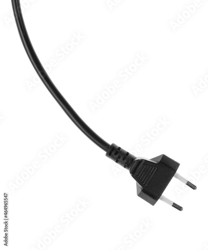 Electric European plug isolated on white background. Black power cable with plug. Power cord close-up