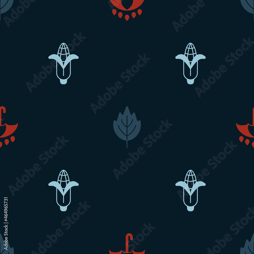 Set Umbrella and rain drops, Leaf and Corn on seamless pattern. Vector