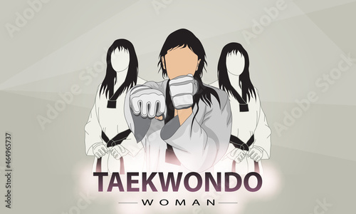 Women's taekwondo poster. Abstract gray background.