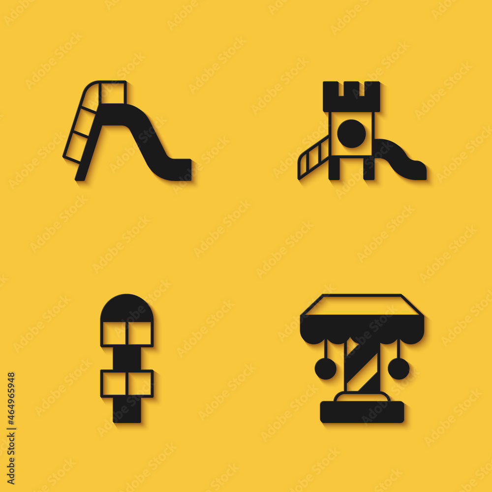 Set Slide playground, Attraction carousel, Hopscotch and icon with long shadow. Vector