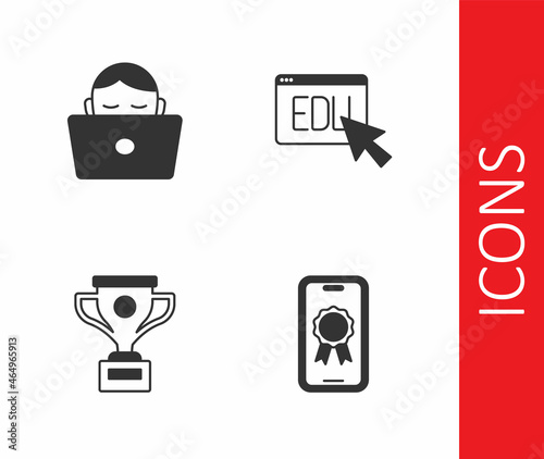 Set Online education with diploma, Student working laptop, Award cup and icon. Vector