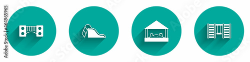 Set Playground kids bridge, Slide playground, Sandbox with sand and Swedish wall icon with long shadow. Vector