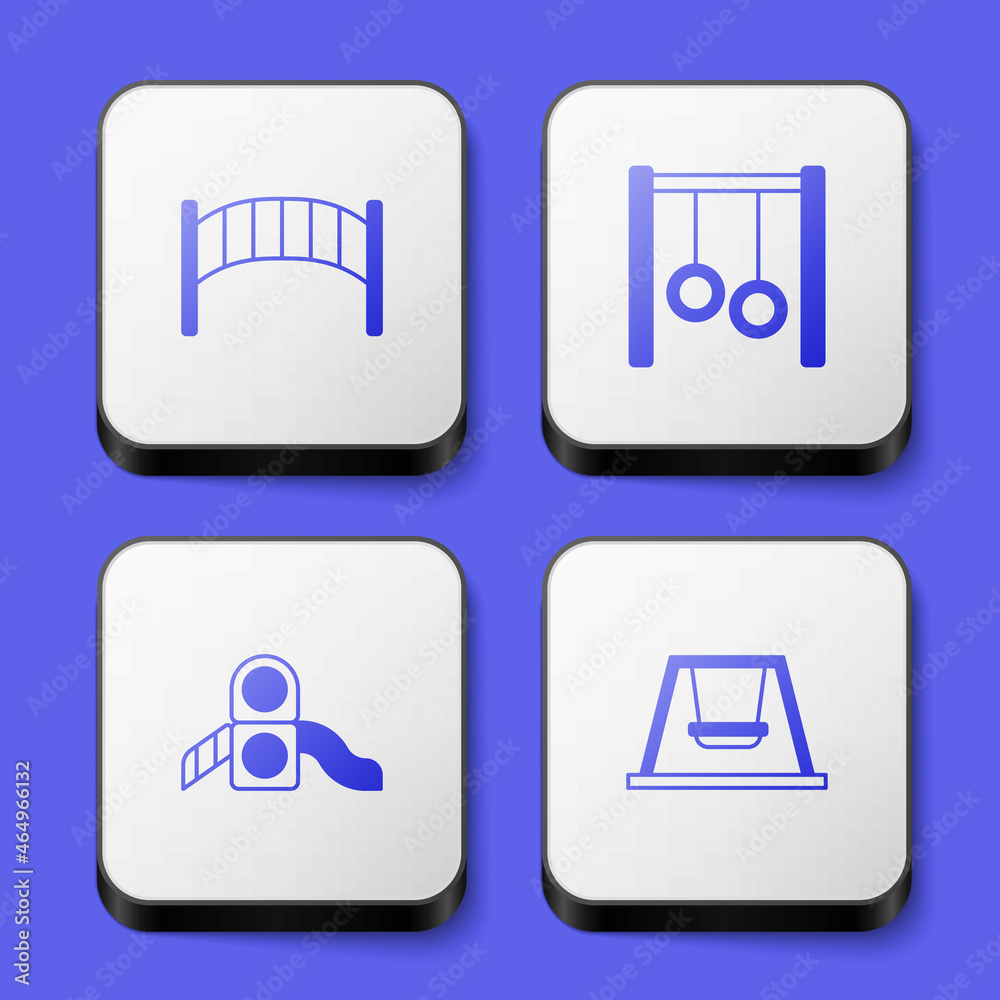 Set Playground kids bridge, Gymnastic rings, Slide playground and Swing for icon. White square button. Vector Set Playground kids bridge, Gymnastic rings, Slide playground and Swing for icon. White square button. Vector