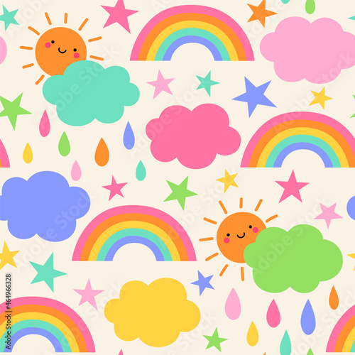 Cute hand drawn cloud  sun  rain  rainbow and star seamless pattern background.