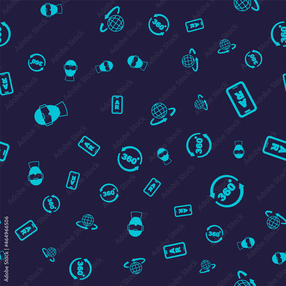 Set Virtual reality glasses, Augmented AR, 3d modeling and 360 degree view on seamless pattern. Vector Set Virtual reality glasses, Augmented AR, 3d modeling and 360 degree view on seamless pattern. Vector