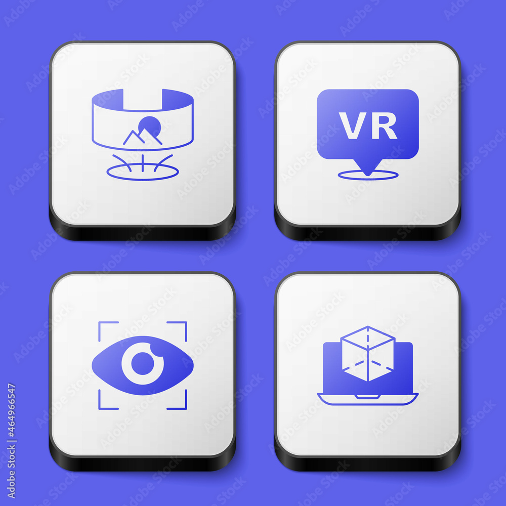 Set 360 degree view, Virtual reality, Big brother electronic eye and 3d modeling icon. White square button. Vector