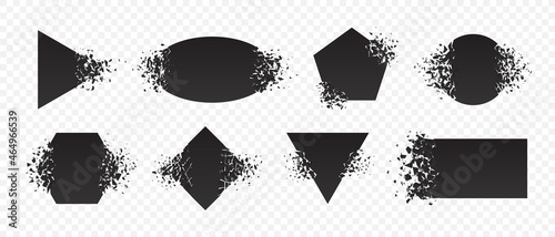 Shape explosion broken and shattered flat style design vector illustration set isolated on transparent background. Rhombus, hexagon, triangle, pentagon, rectangle shape grayscale exploding demolition.