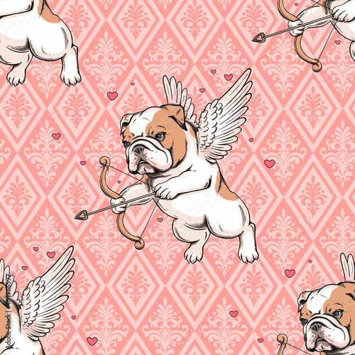Seamless pattern with cute english bulldog puppy.  Cupid illustration. Cute background