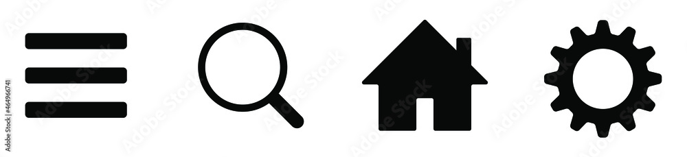 Web interface and application icon collection. Menu, home, magnifying glass and cogwheel symbol. Website sign set. Vector illustration image. Web interface and application icon collection. Menu, home, magnifying glass and cogwheel symbol. Website sign set. Vector illustration image.
