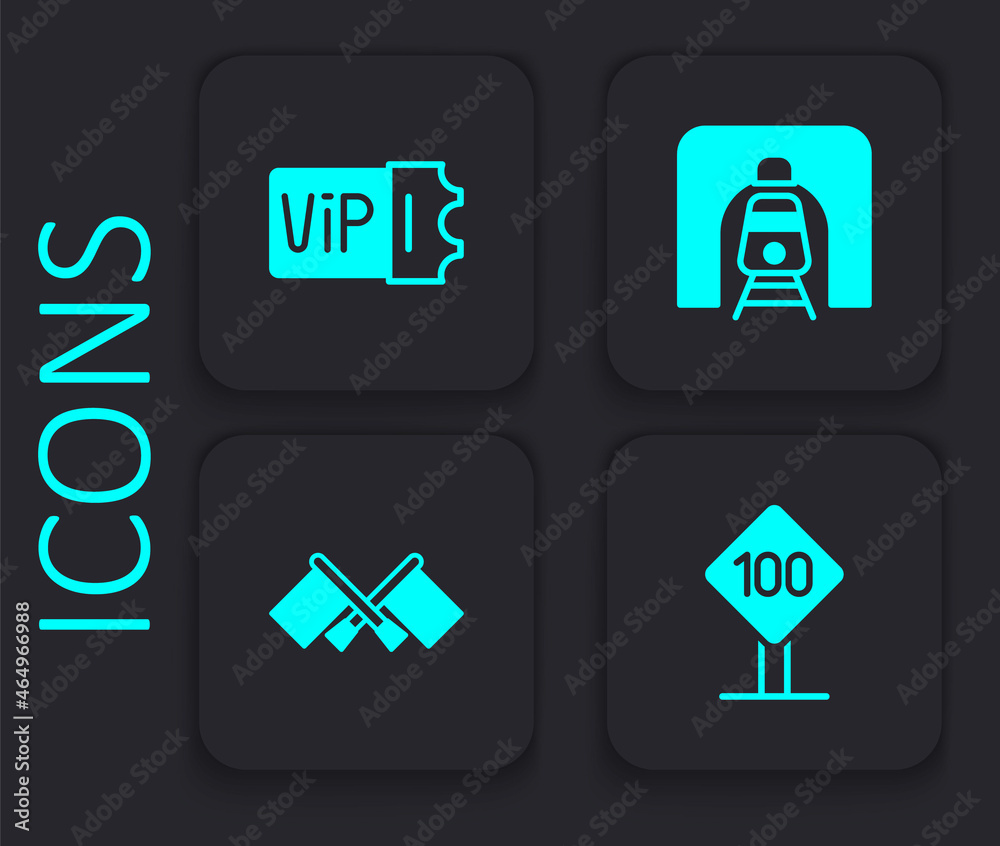 Set Speed limit traffic sign 100 km, Train ticket, railway tunnel and Flag icon. Black square button. Vector