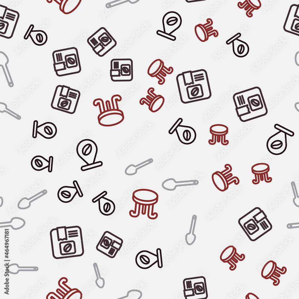 Set line Location with coffee bean, Bag beans, Teaspoon and Coffee table on seamless pattern. Vector Set line Location with coffee bean, Bag beans, Teaspoon and Coffee table on seamless pattern. Vector