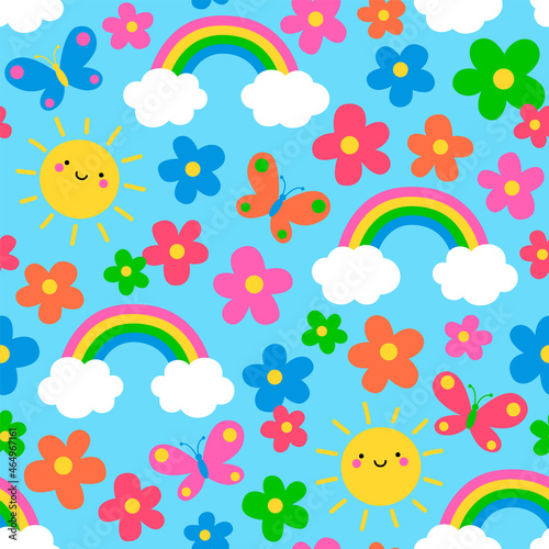 Colorful cute hand drawn sun  floral  rainbow  cloud and butterfly seamless pattern background.