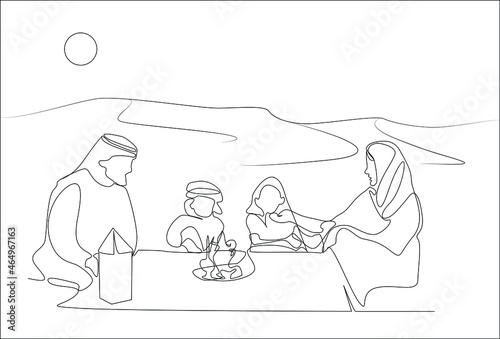 arab family sitting and traveling with their children in the desert